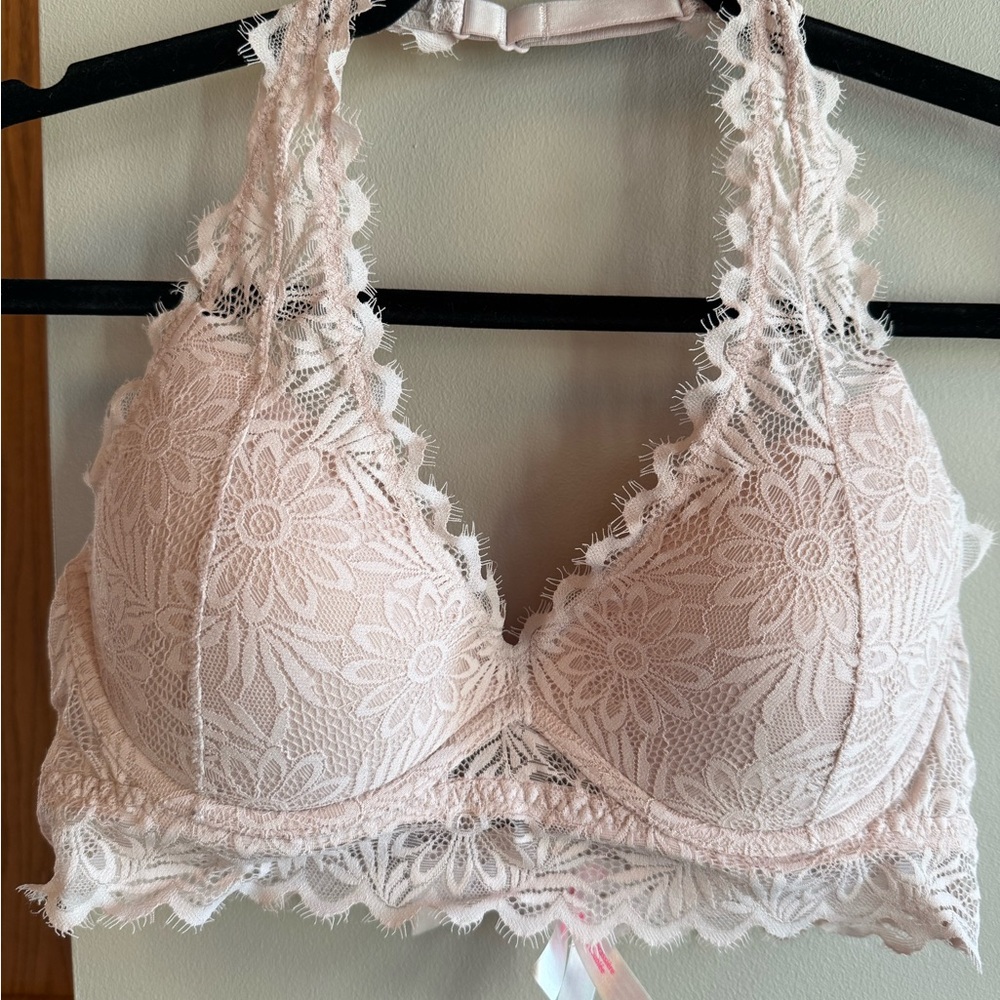 PINK Victoria's Secret Floral Lace Halter Bralette in Light Pink M